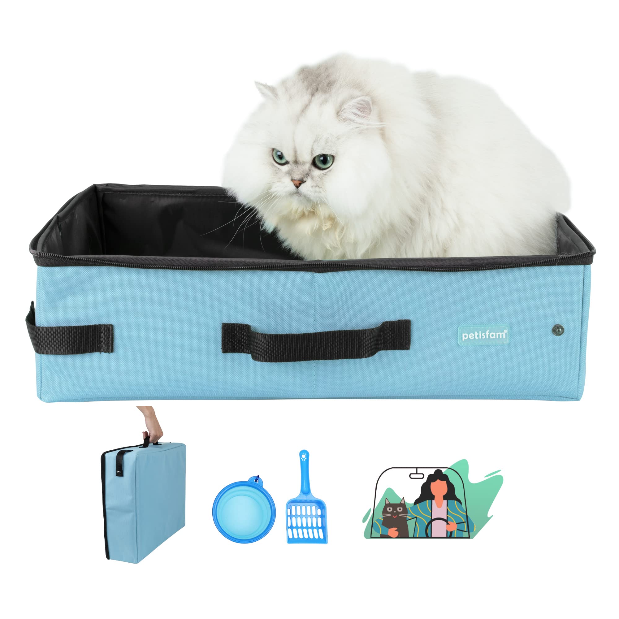 Petisfam caja de arena para gatos portátil, ideal para viajar y mantener el área limpia.
