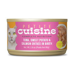 Petite Cuisine: lata de atún y salmón en caldo, ideal para gatos activos.