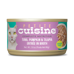 Petite Cuisine: lata gato con atún tilapia en caldo, proteína real.