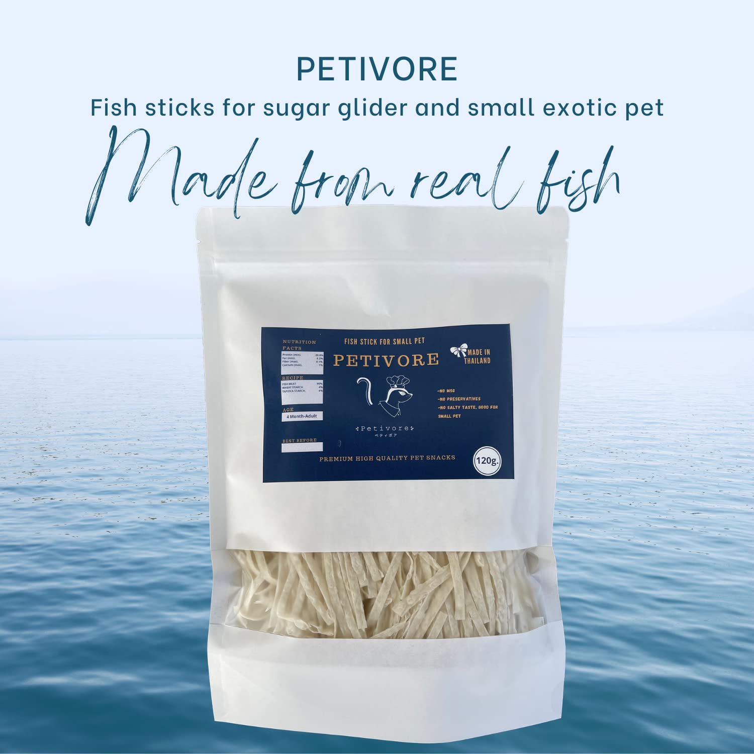 PETIVORE paquete-120g, paquete visible, facilita control de porciones.