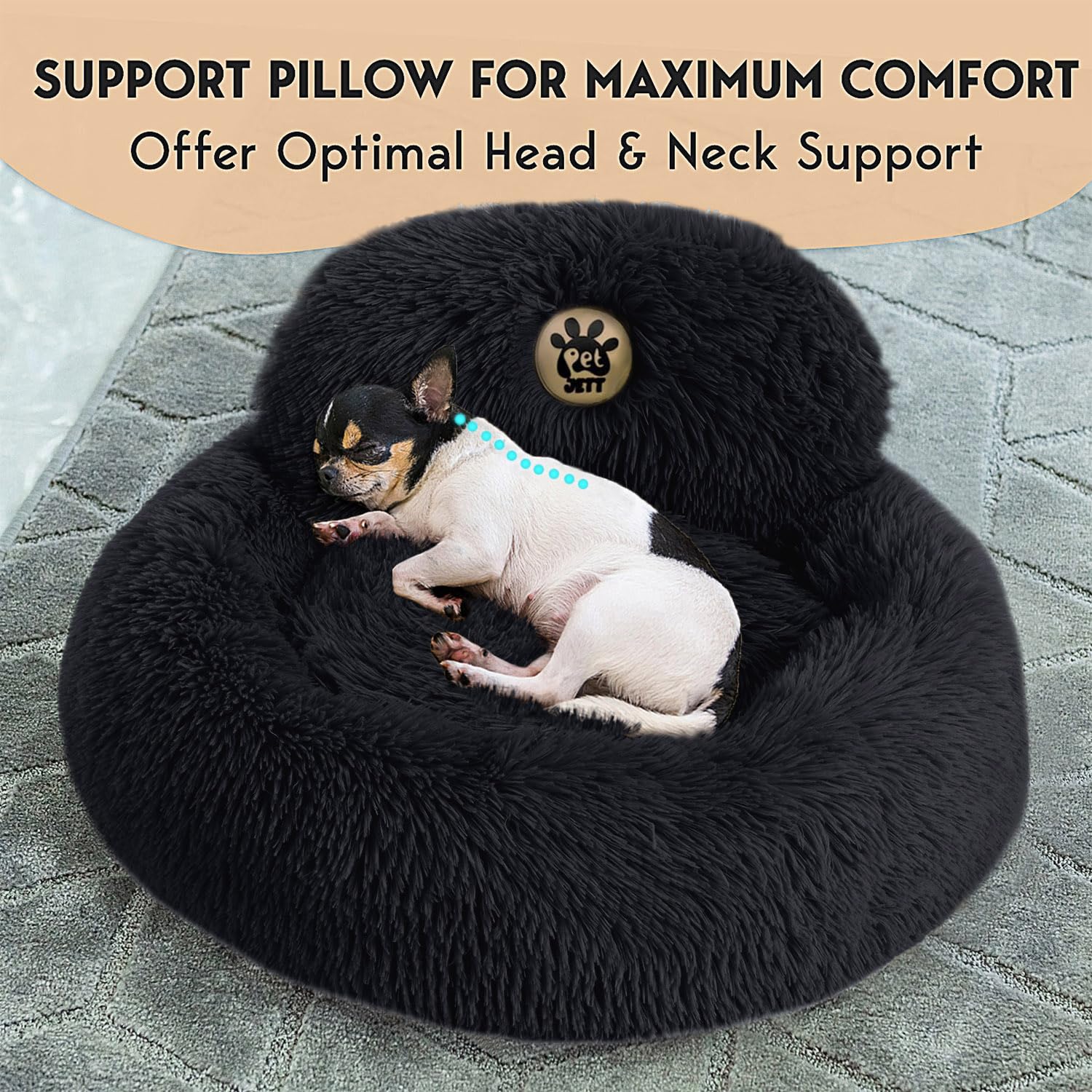 Cama donut PET JETT con almohada de soporte para cuello y cabeza.