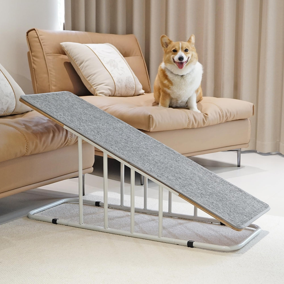 PETKARAY rampa para perro, vista frontal sobre cama, facilita subir al sofá.