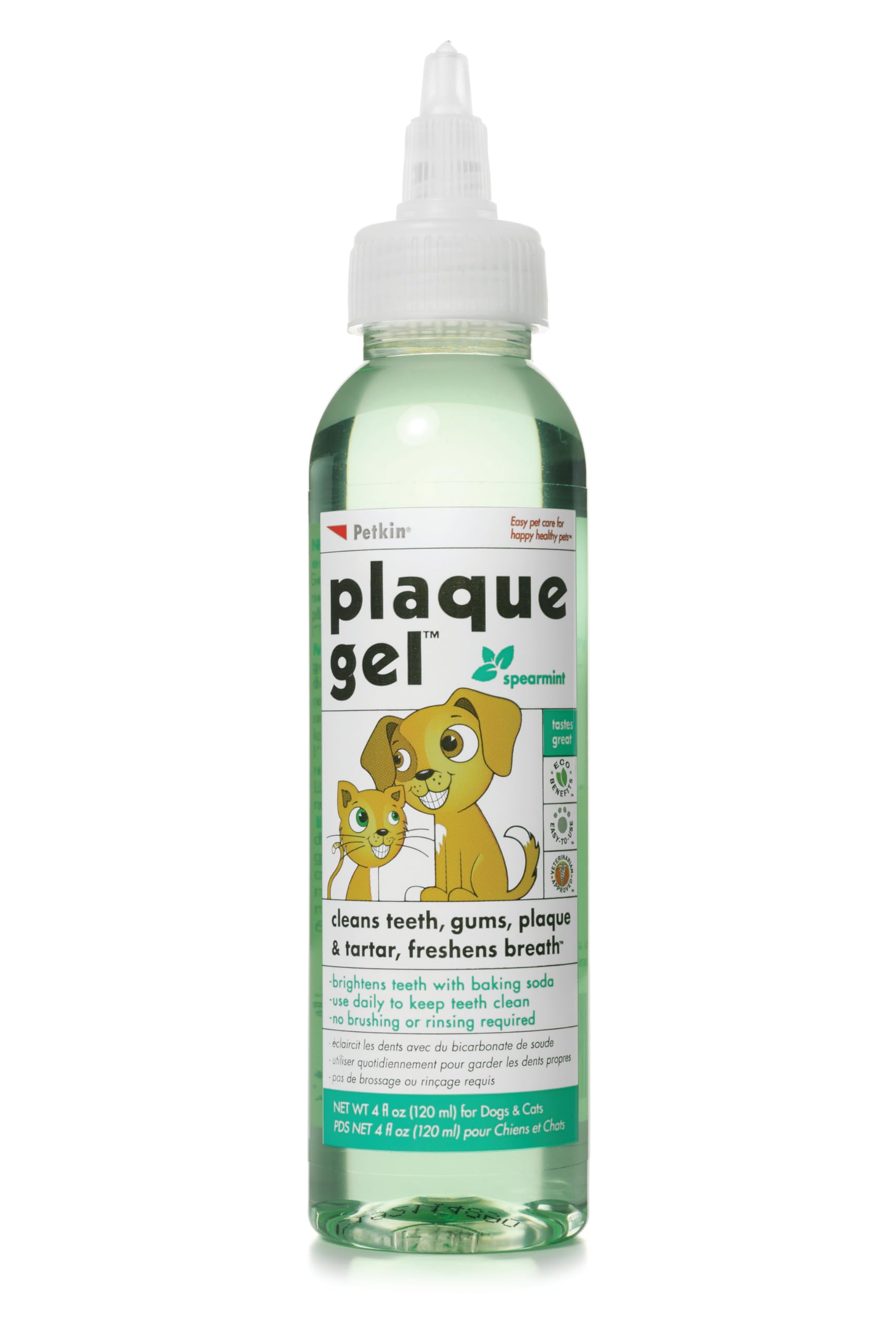 Petkin Gel eliminador de placa para perros y gatos, enfoque en dientes y aliento.