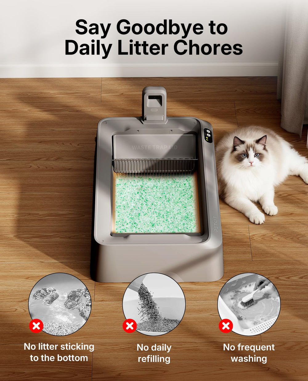 PETKIT Crystal Gato, Tapa Integrada: cierre seguro y menos derrames.