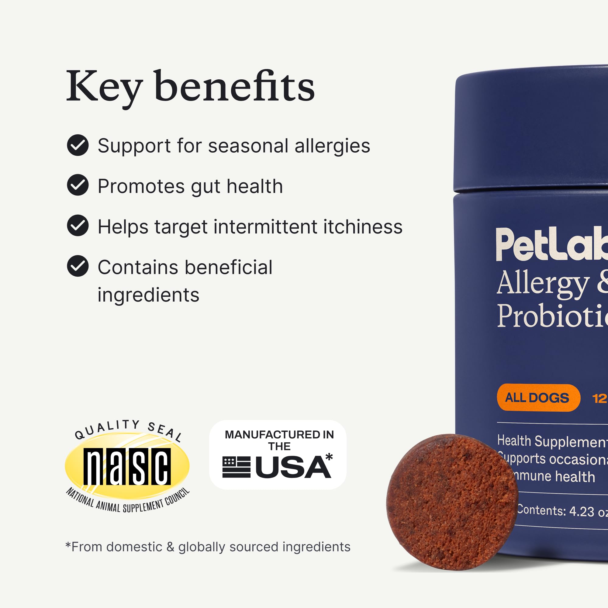 Probioticos Omega-3 de PetLab Co. para perros, equilibrio intestinal y apoyo inmune.