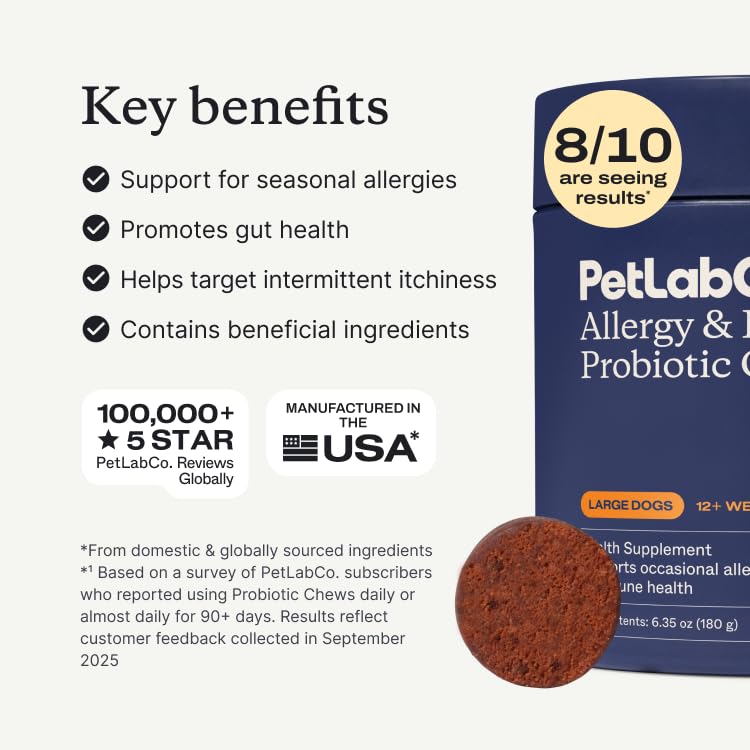 PetLab Co. probióticos para perros, pastilla masticable en primer plano.