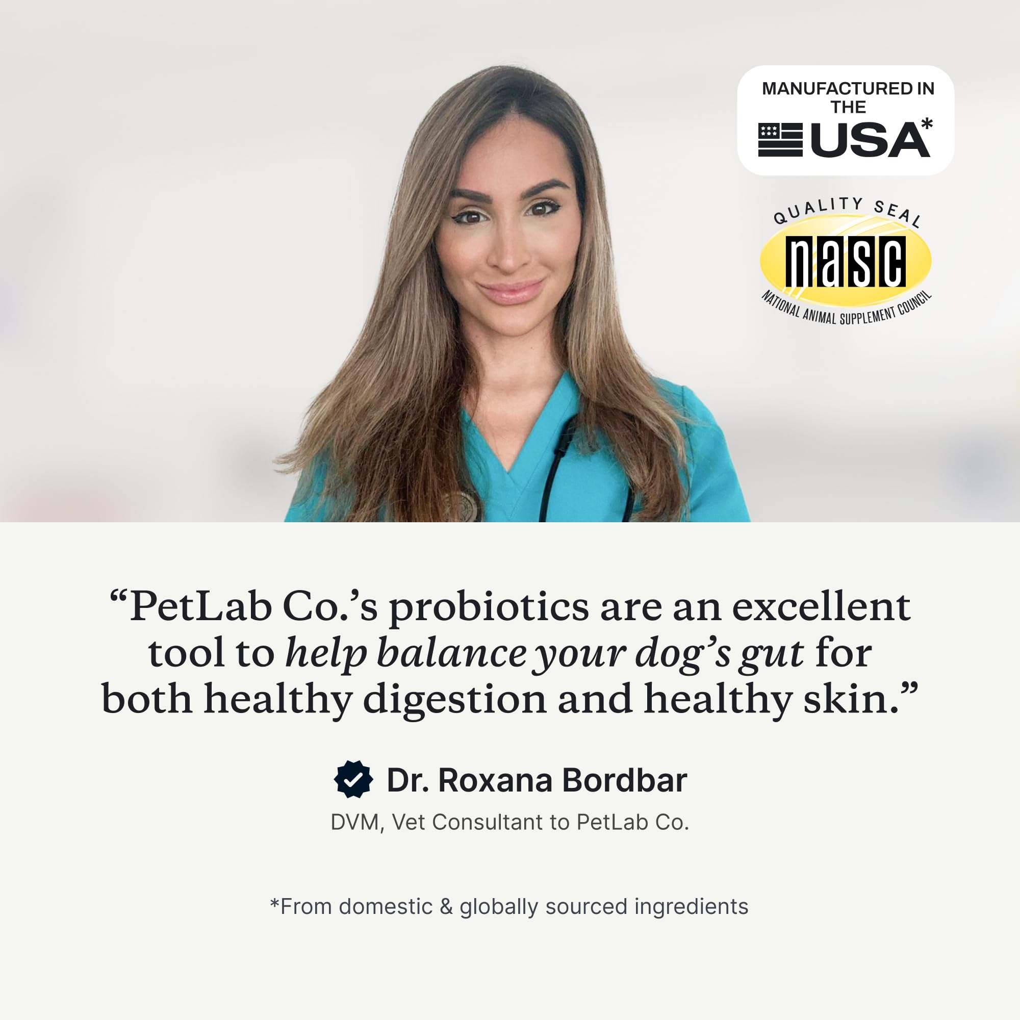 PetLab Co Probióticos para perros, masticables sabor cerdo, vista trasera del empaque.