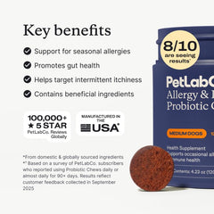 PetLab Co. probióticos en paquete para perros, ayuda con alergias estacionales y piel sana.