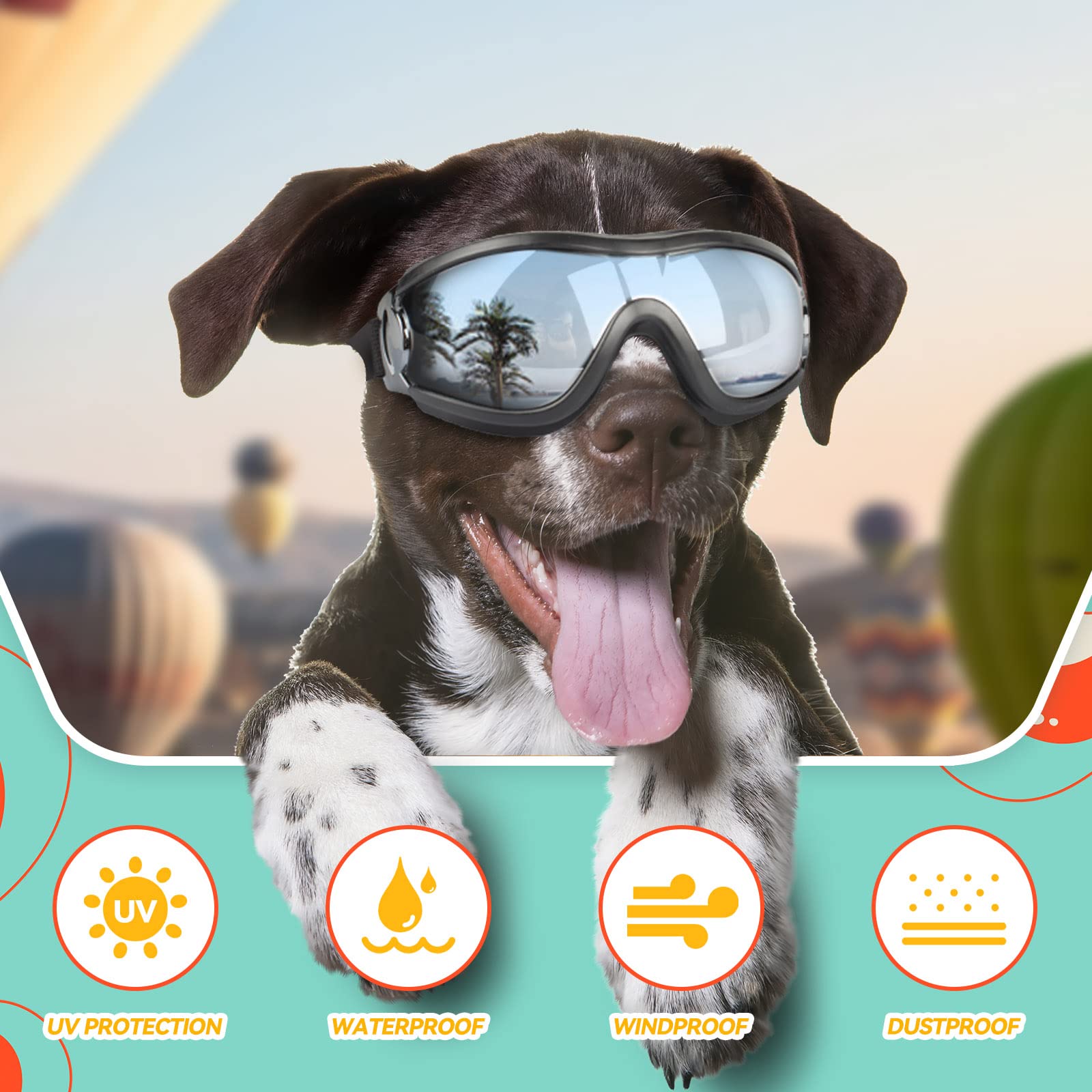 PETLESO gafas para perro, correa ajustable para ciclismo y conduccion segura.