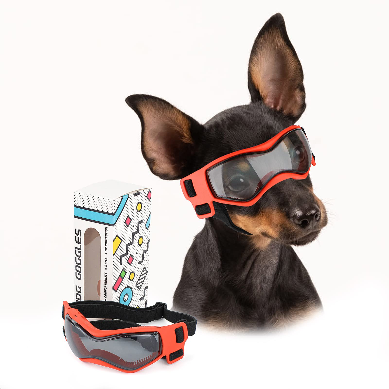 Gafas PETLESO para perro pequeño con lentes curvas y ajuste cómodo.