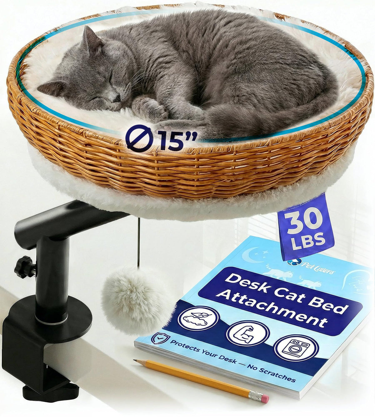 PetLovers Cama de escritorio para gato con bandeja de mimbre, comodidad junto a ti