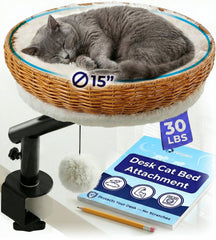 PetLovers Cama de escritorio para gato con bandeja de mimbre, comodidad junto a ti