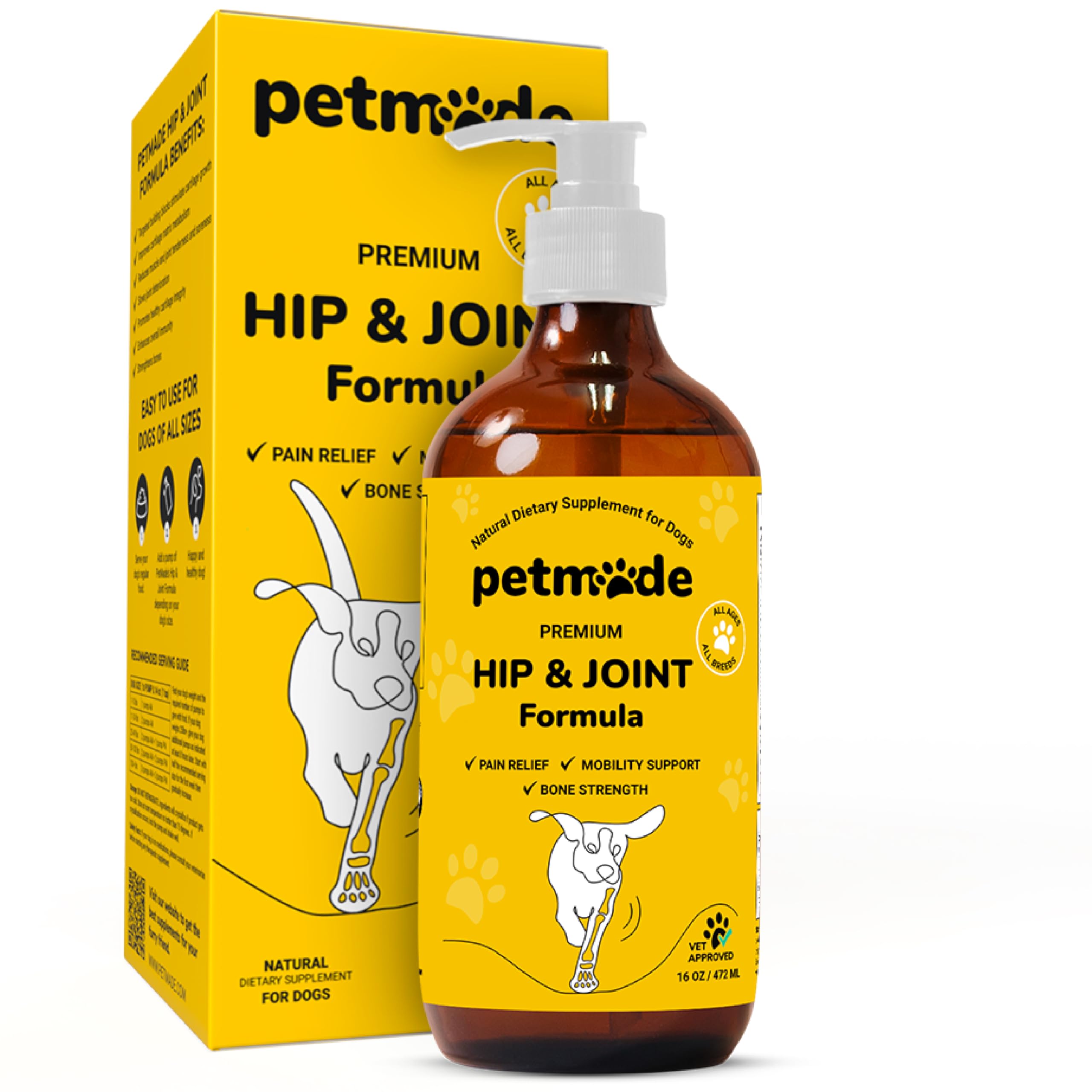 PetMade suplemento articulaciones para perro – botella mostrando dosis para movilidad diaria.