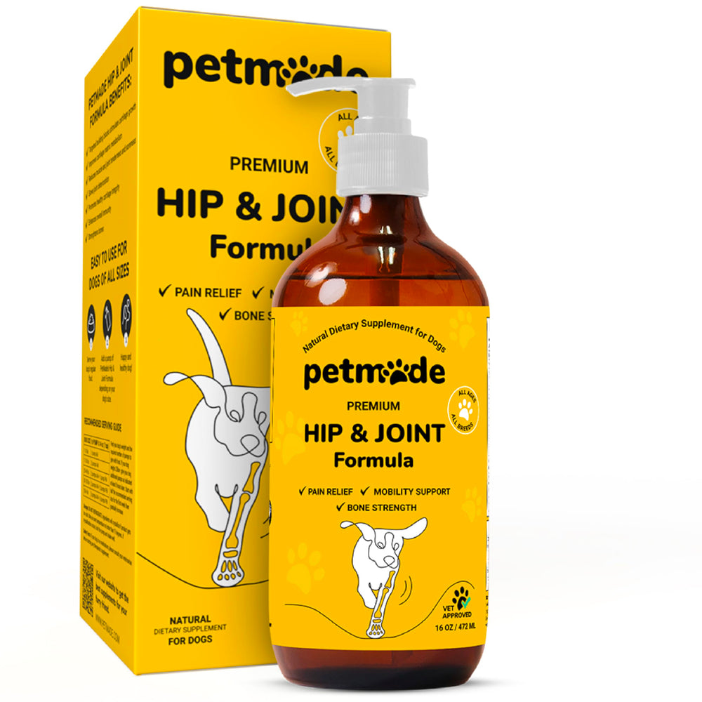 PetMade suplemento articulaciones para perro – botella mostrando dosis para movilidad diaria.