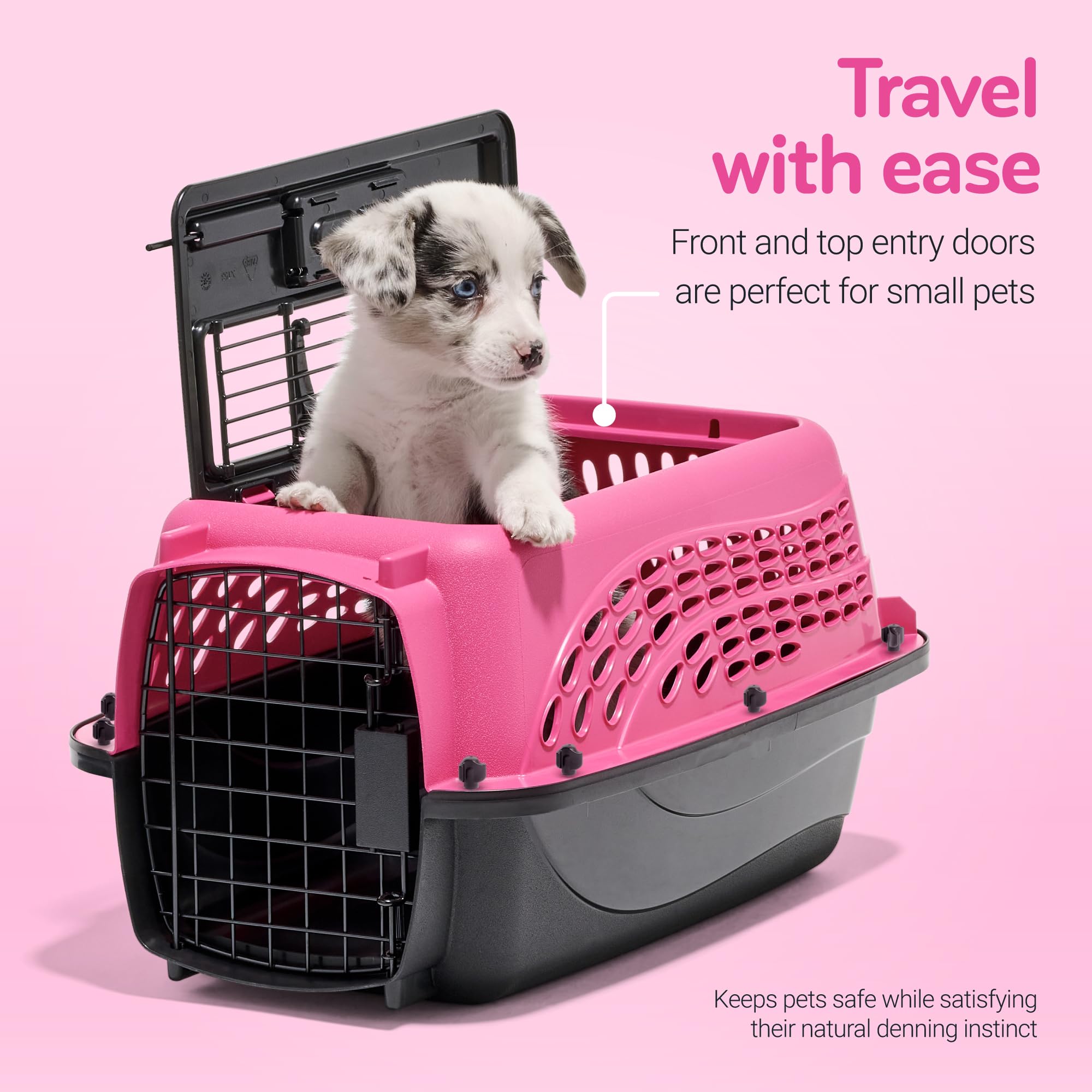 Petmate jaula con ventilación 360°, aire fresco y visibilidad total.