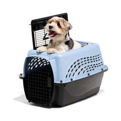Jaula Petmate para perros pequeños con acceso superior y frontal, ideal para viajes.