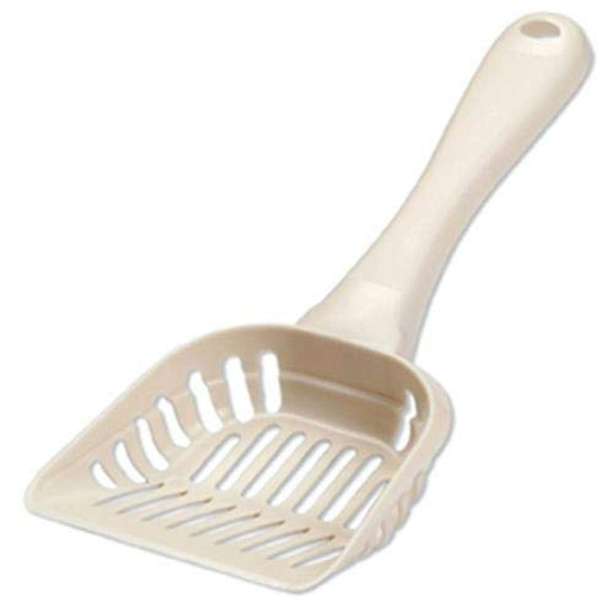 Pala Petmate para gatos con boca amplia, facilita cribado rápido de arena.