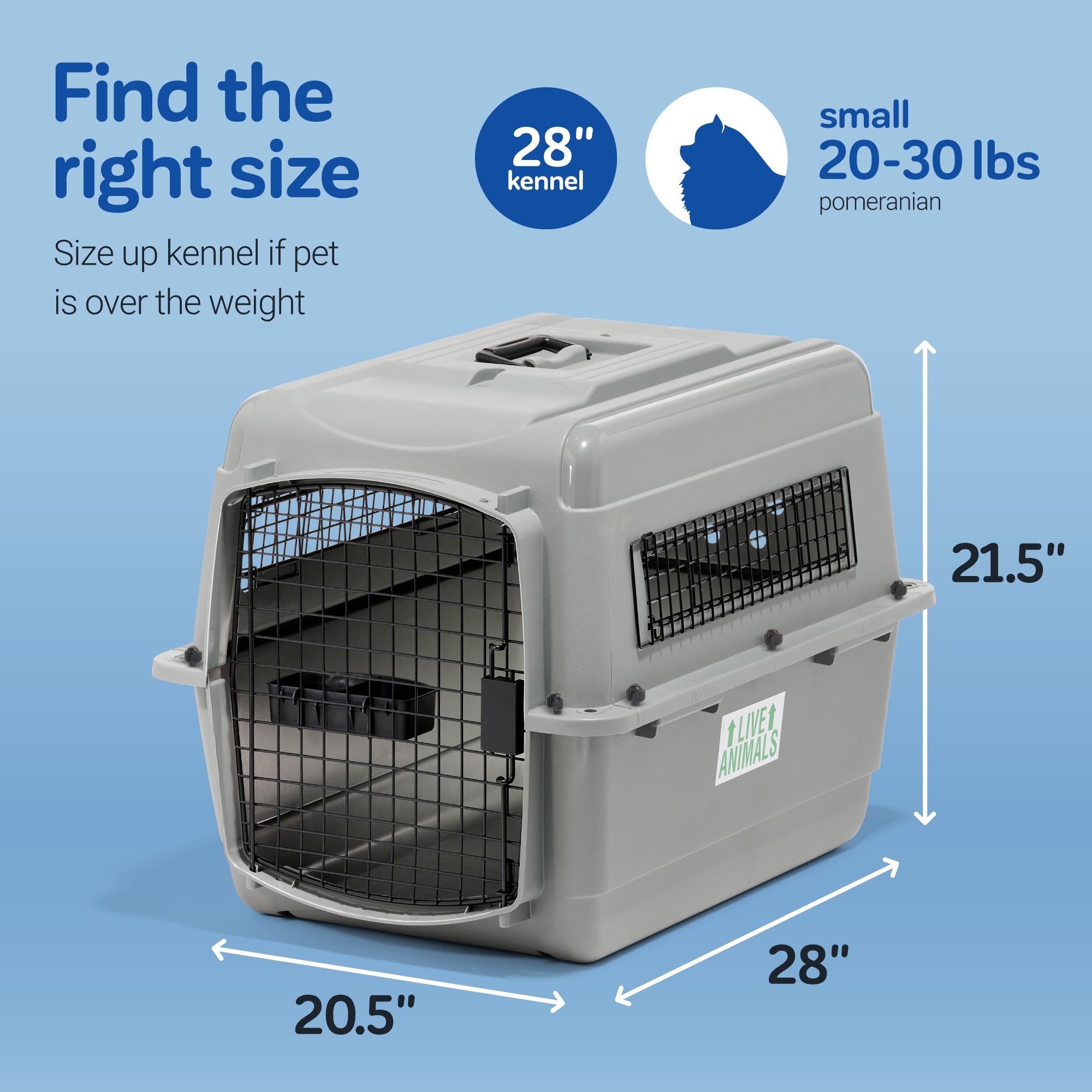 Sky Kennel incluye etiquetas LIVE ANIMAL, cuenco y absorbente.