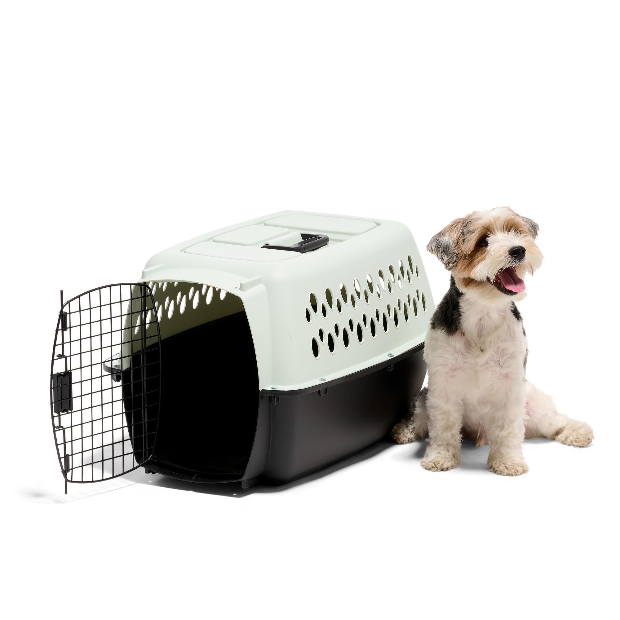 Vista frontal del transportin Petmate con ventilación y acceso seguro.