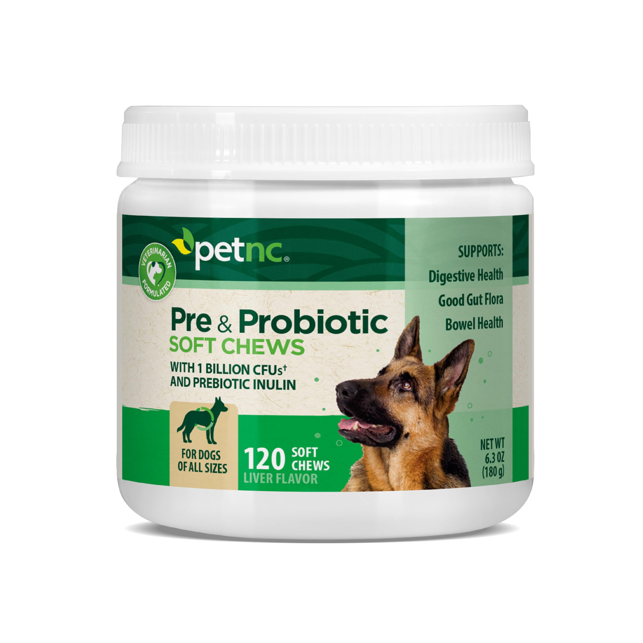 Bouchées Probiotiques saveur foie PetNC Natural Care pour soutien digestif potentiel chez le chien.