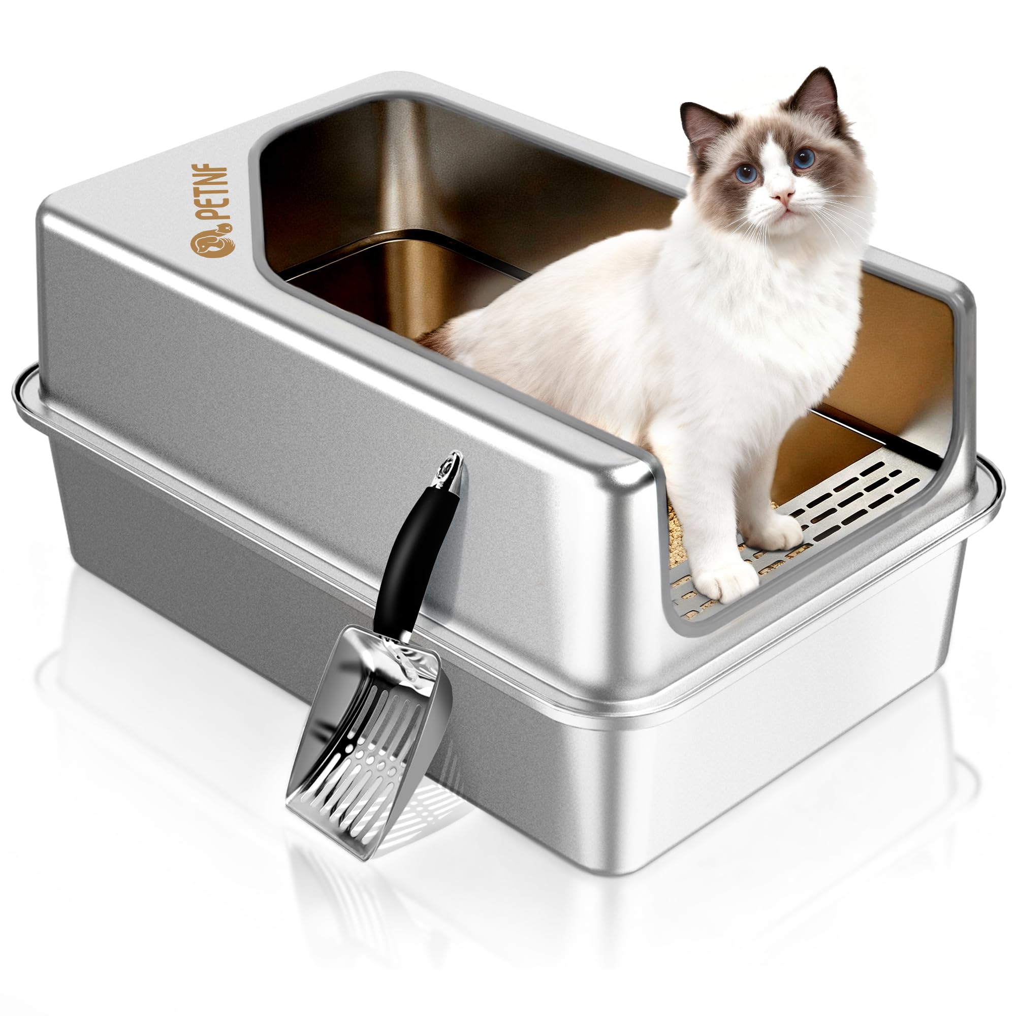 PETNF caja de arena inoxidable, vista frontal, diseño duradero y fácil de limpiar.
