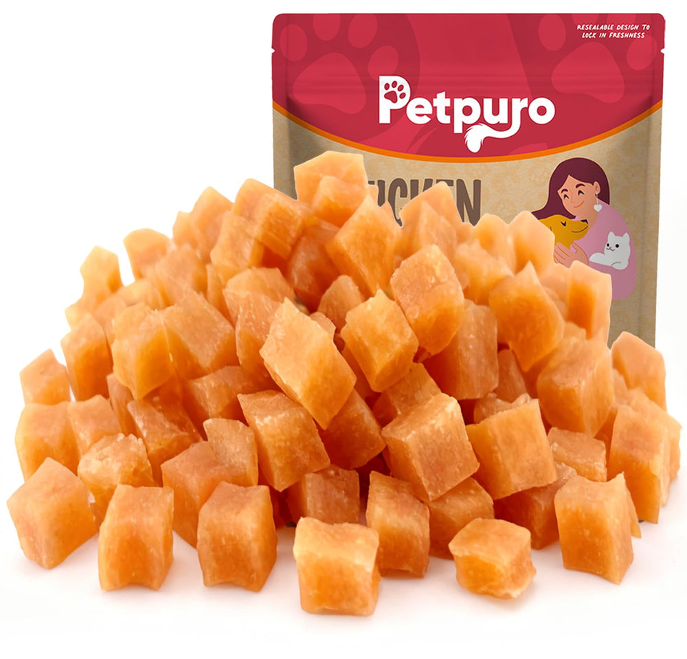 Golosinas PETPURO de pollo blando, fácil masticación para perros pequeños.