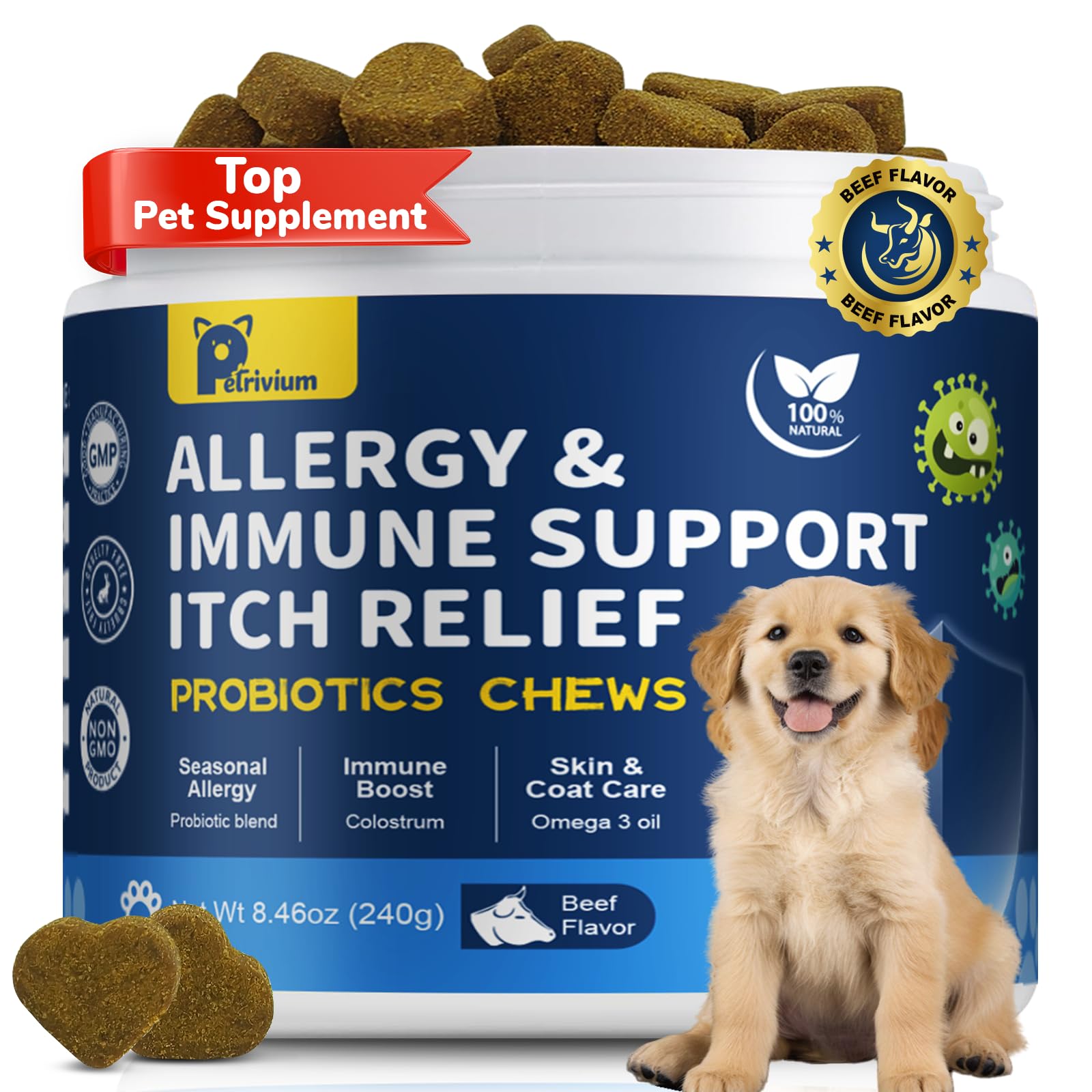 Petrivium alérgia para perros: alivio suave con masticables en bote.
