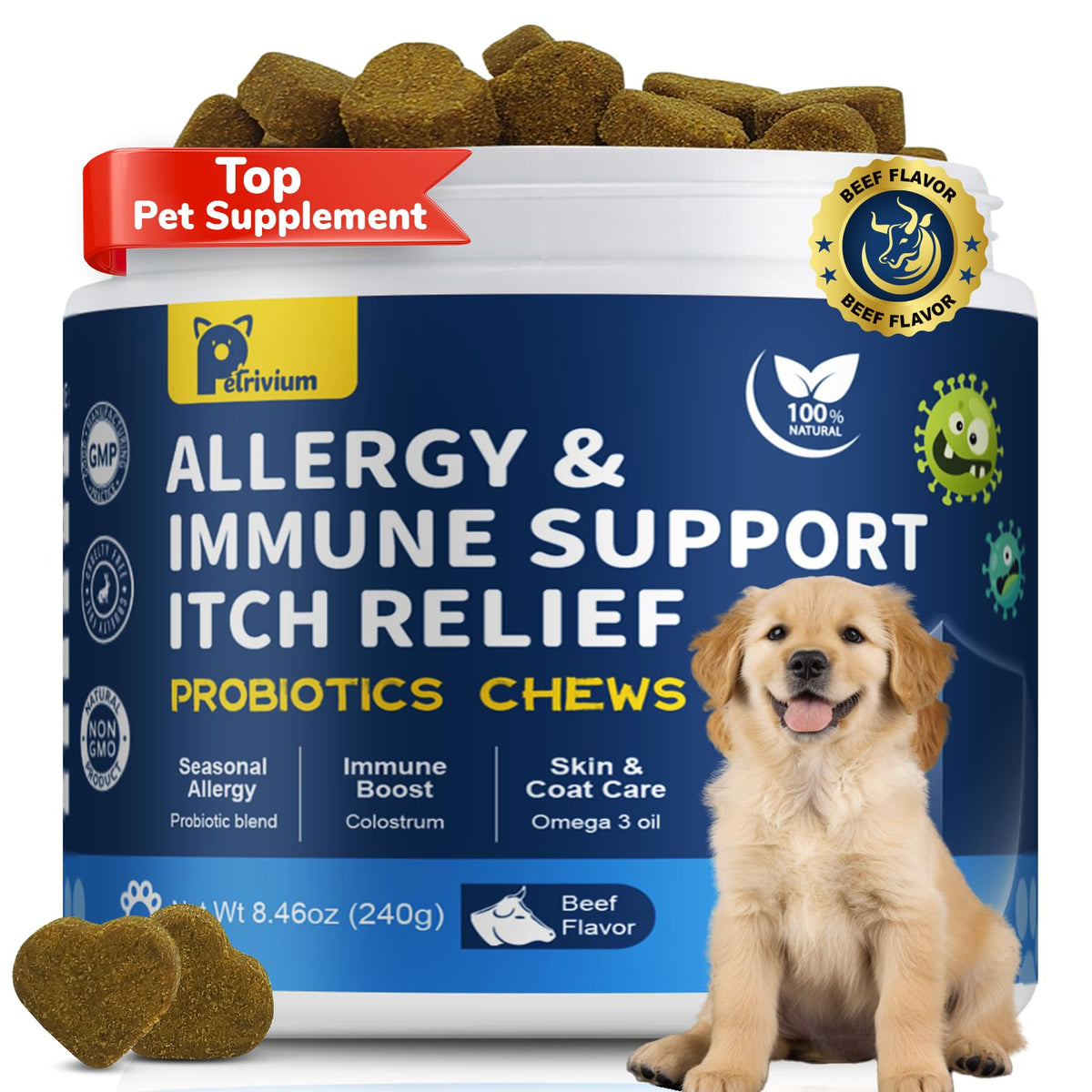 Petrivium alérgia para perros: alivio suave con masticables en bote.