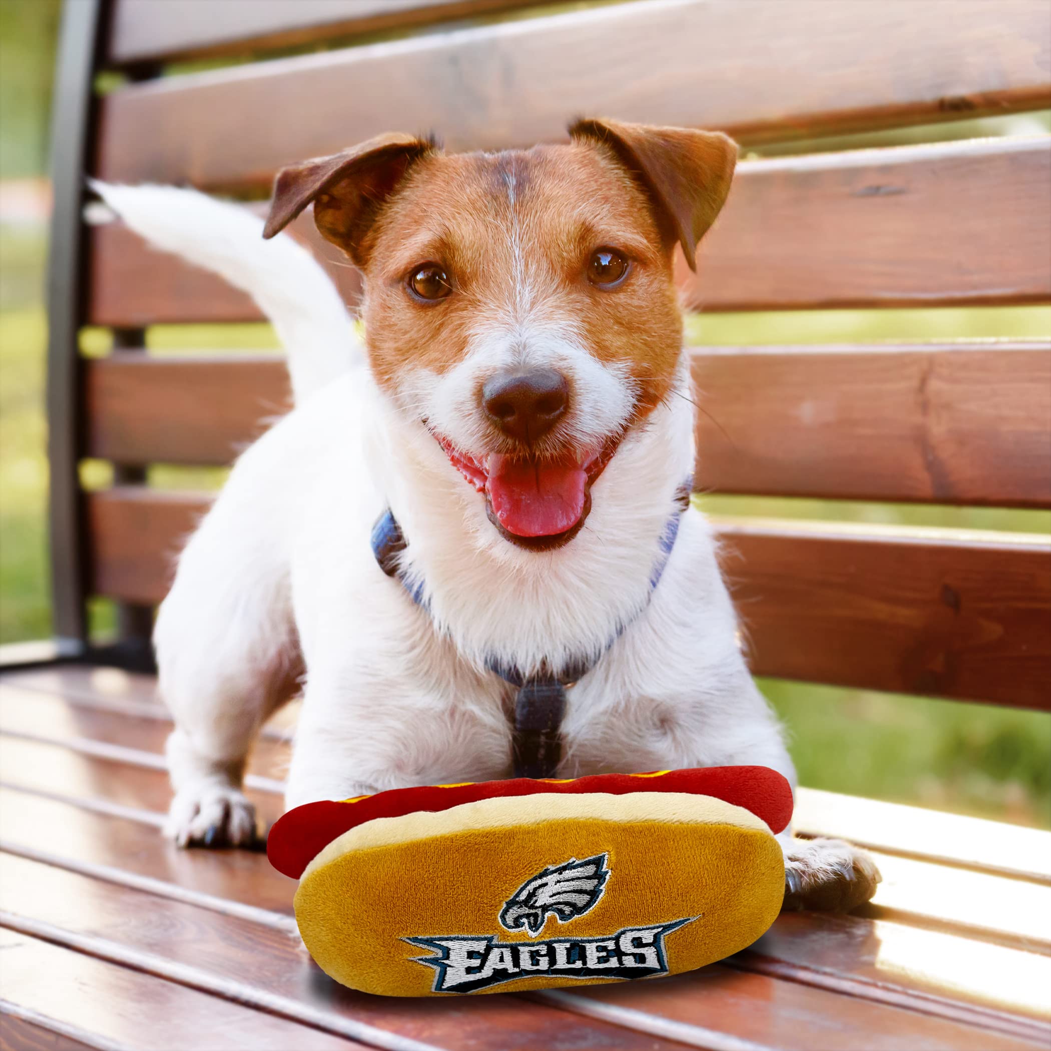 Pets First Eagles juguete plush interior chirriador, cómodo para mascotas.