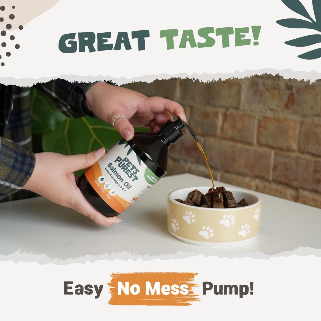 Etiqueta de Pets Purest Aceite de Salmón, fuente natural de Omega 3 para piel y pelaje.