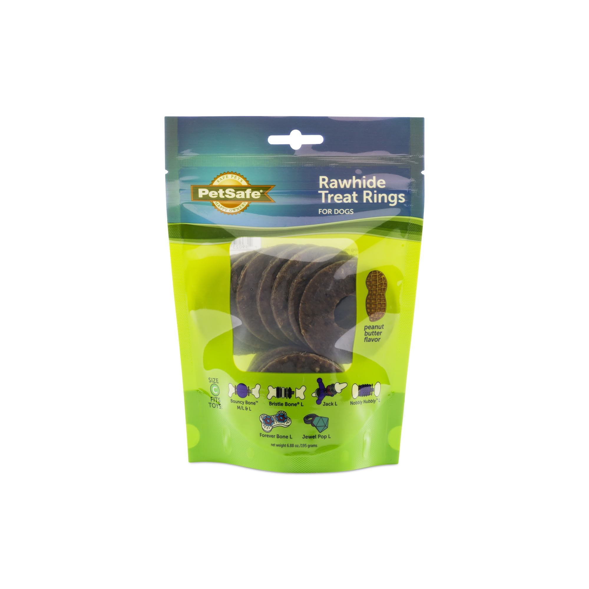 PetSafe Busy Buddy, anillos de rawhide naturales con sabor a maní para masticar duradero.