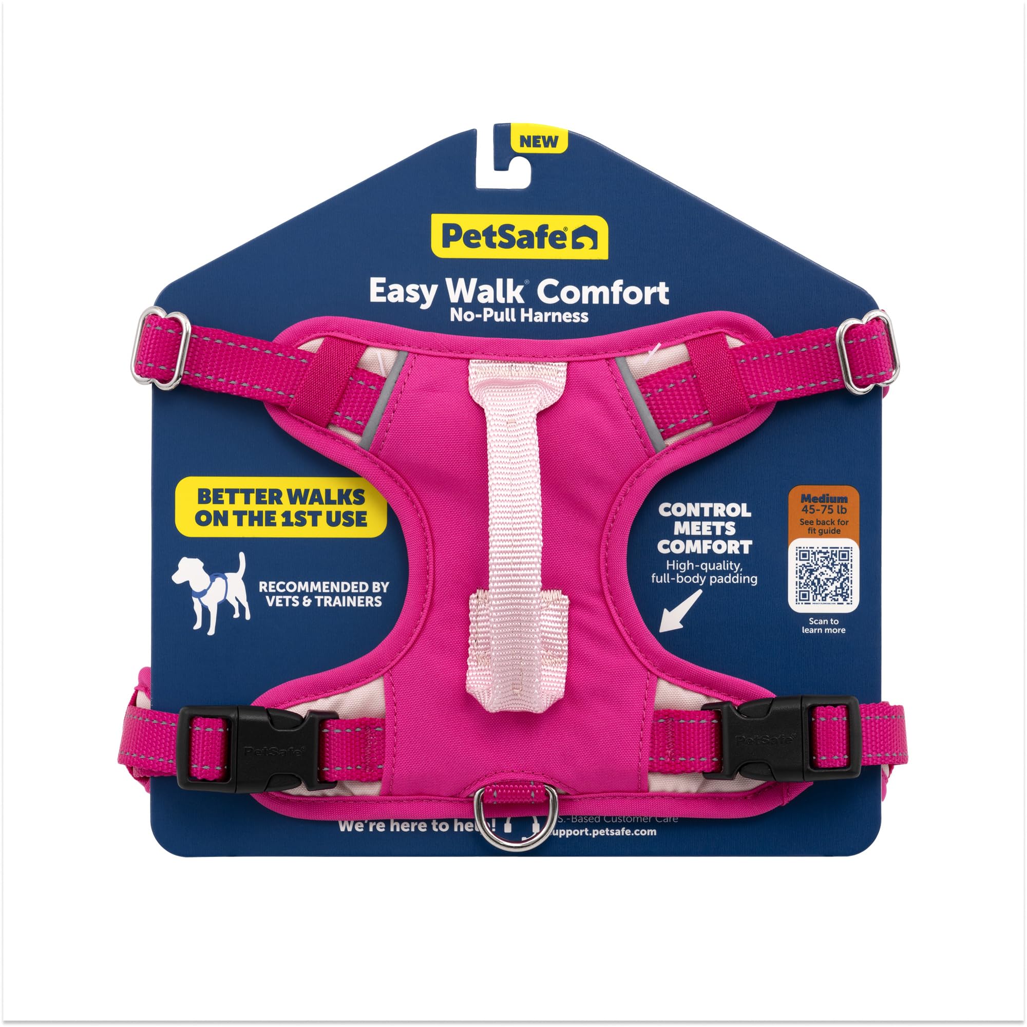 PetSafe Easy Walk Comfort Harness vista frontal rosa, mejora control y comodidad en paseos.