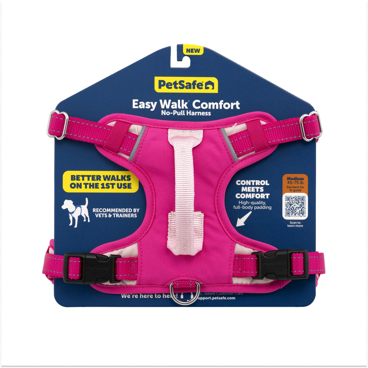 PetSafe Easy Walk Comfort Harness vista frontal rosa, mejora control y comodidad en paseos.