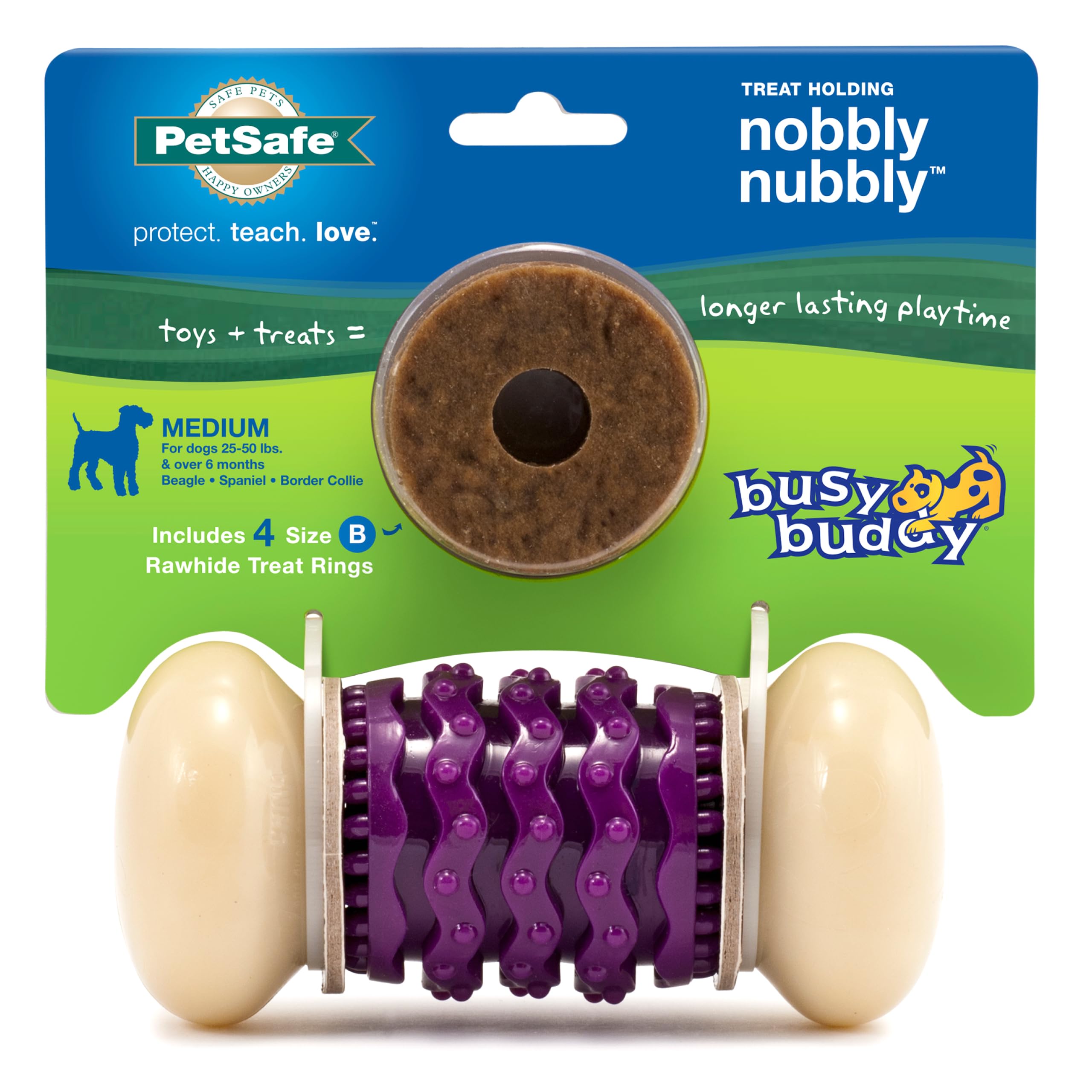 PetSafe Nobbly Nubbly: juguete duradero para masticadores fuertes, ideal para sesiones de juego prolongadas.