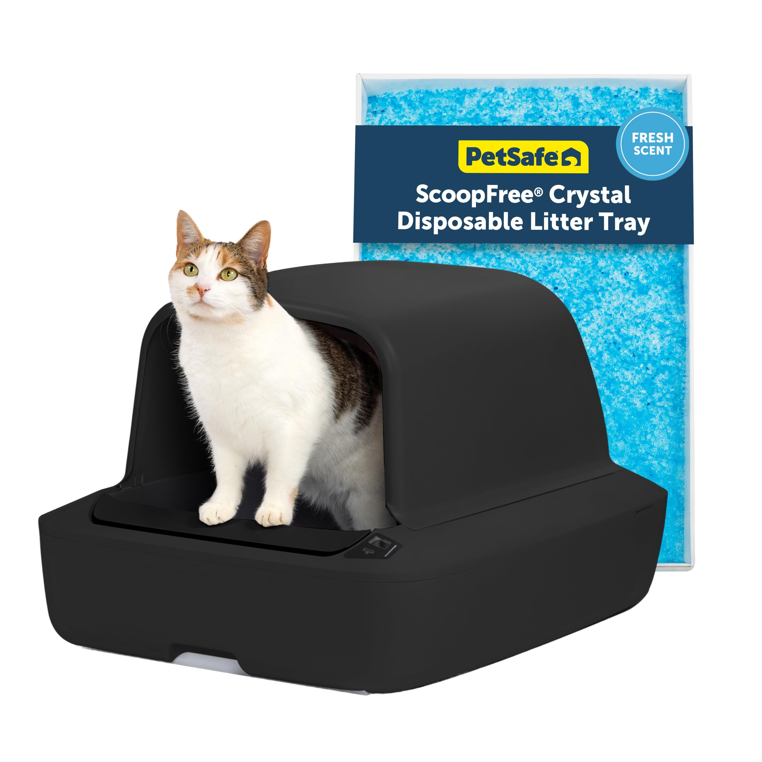 PetSafe ScoopFree Crystal Pro, vista general frontal de la caja autolimpiable para gatos.