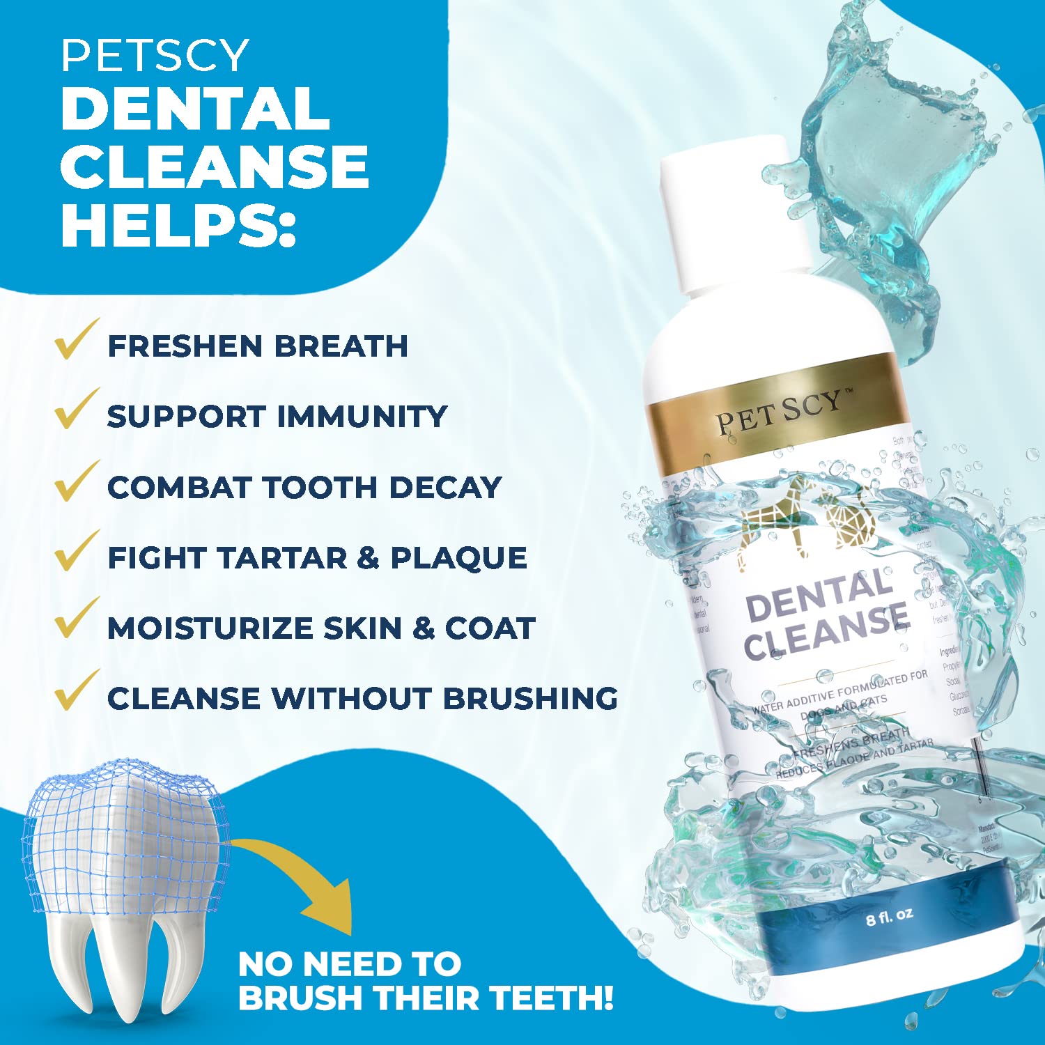 Petscy Dental Cleanse sonrisa más fresca tras uso diario en perros y gatos.