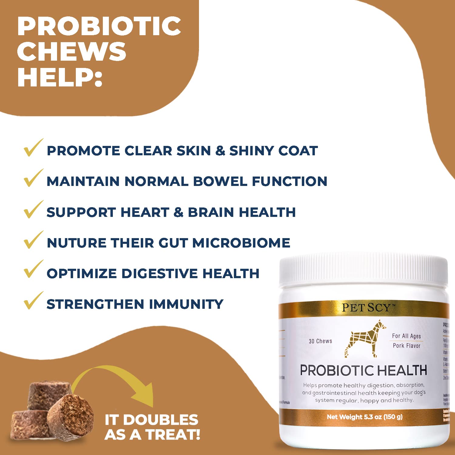 PetScy gominas probióticas para perros, apoyo digestivo suave y equilibrado.