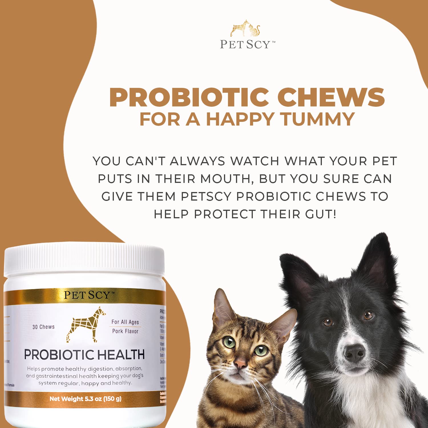 PetScy gominas probióticas con fibra prebiótica para equilibrio intestinal.