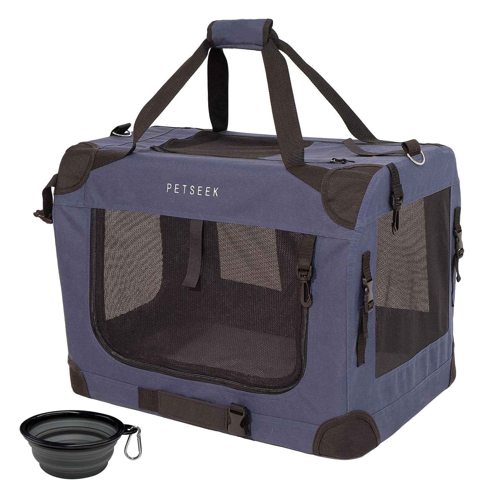 Petseek transportín para gatos extra grande azul vista frontal, cómodo para viajes en coche
