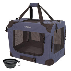 Petseek transportín para gatos extra grande azul vista frontal, cómodo para viajes en coche