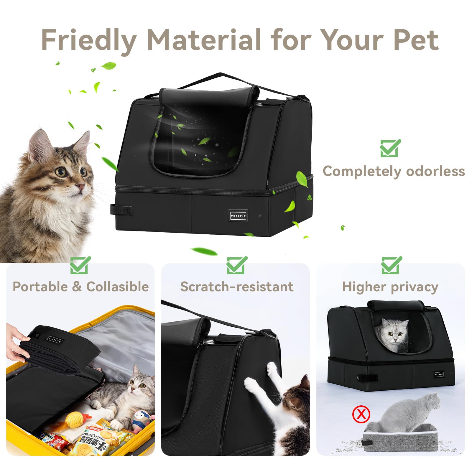 Petsfit caja con puerta y cierre de cremallera para menos derrames.