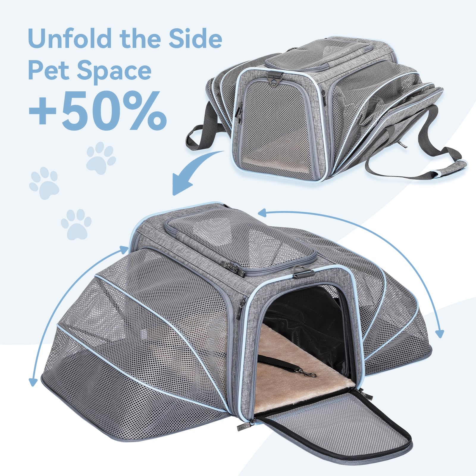 Almohadilla de felpa lavable en el transportín Petsfit para mayor comodidad.