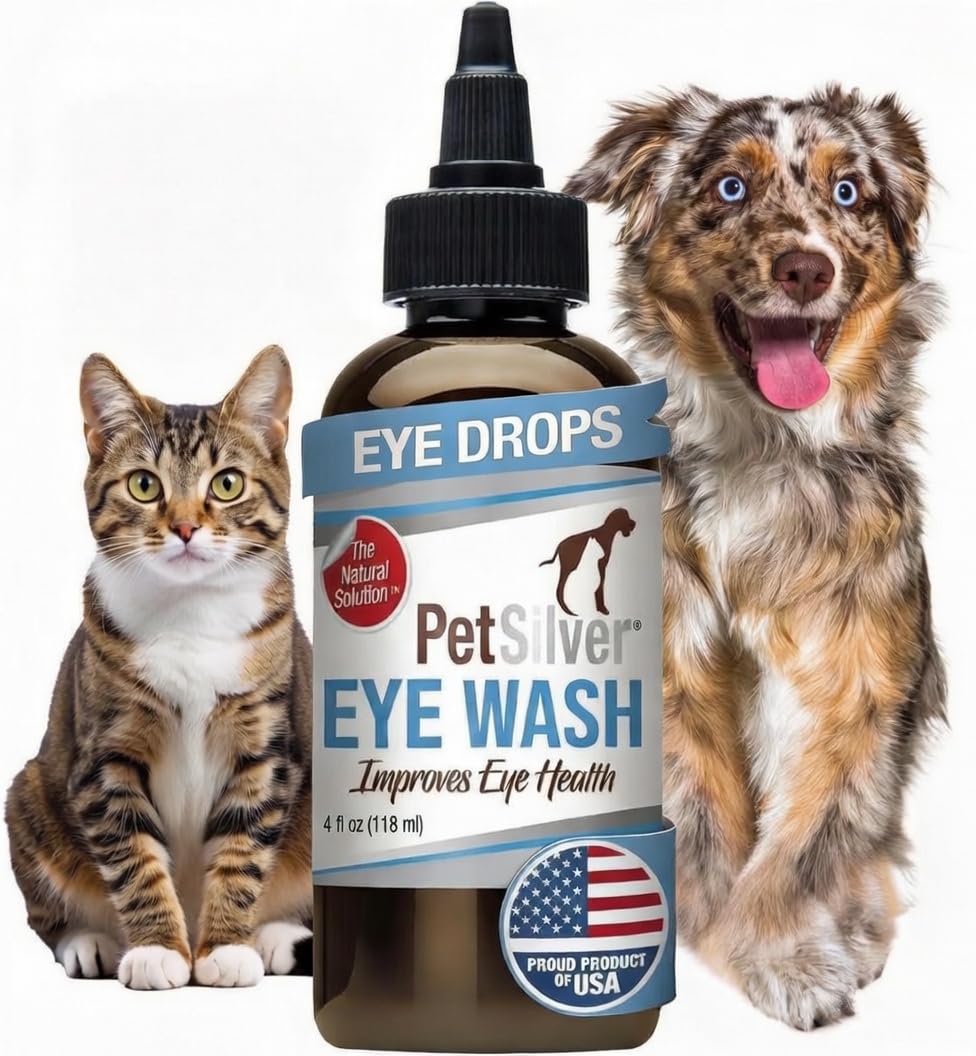 PetSilver gotas para ojos, botella visible, limpieza suave para mascotas.