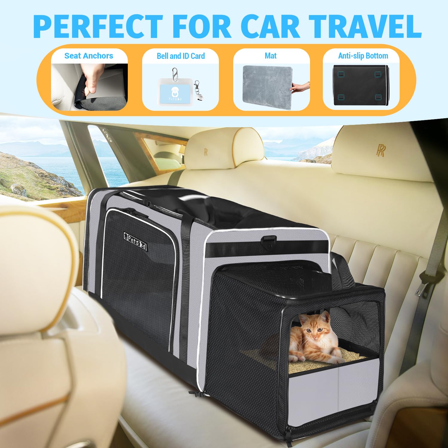 Petskd caja de arena integrada en el transportín gris para gatos en movimiento.
