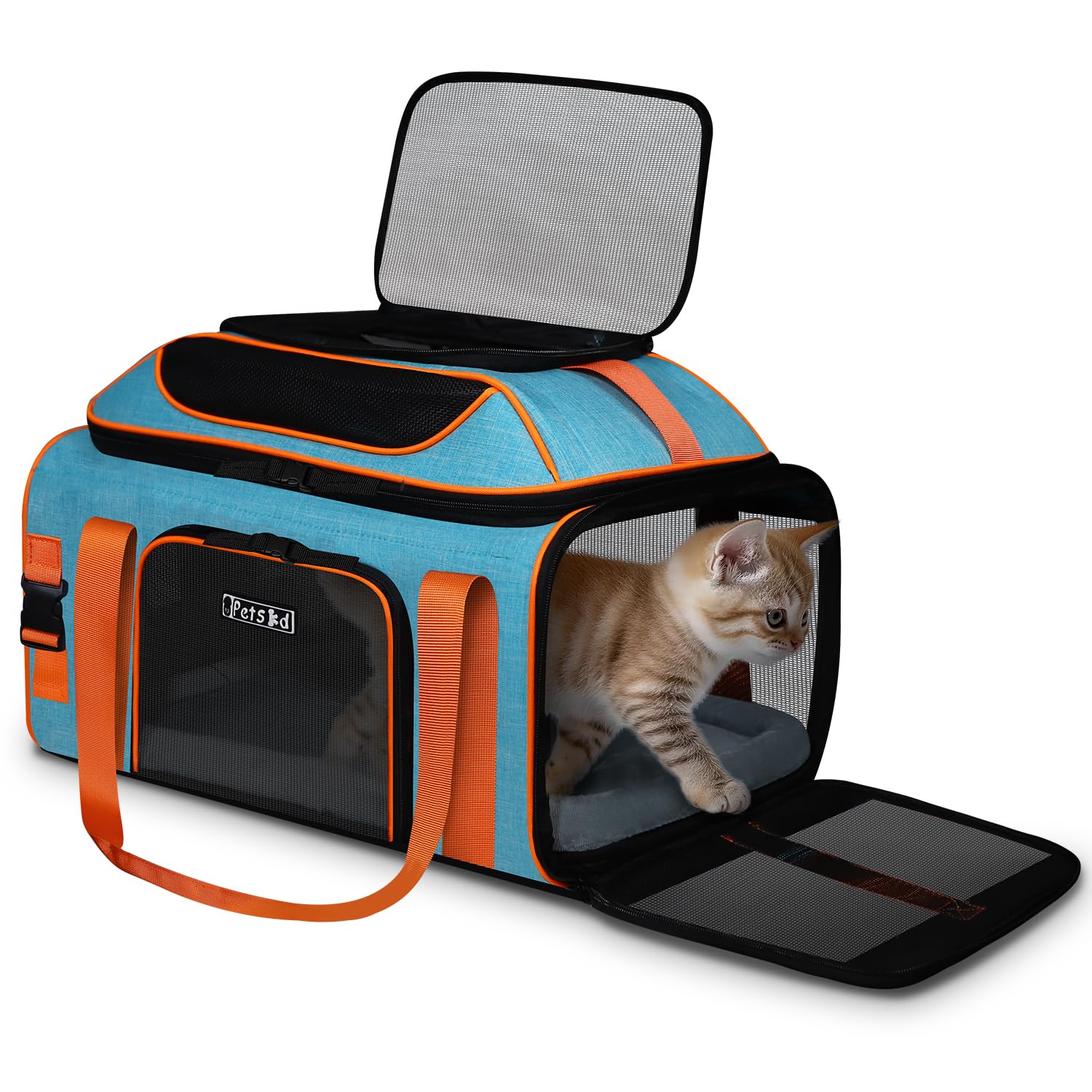Petskd transportadora para mascotas en vista frontal azul, ideal para viajes en avión