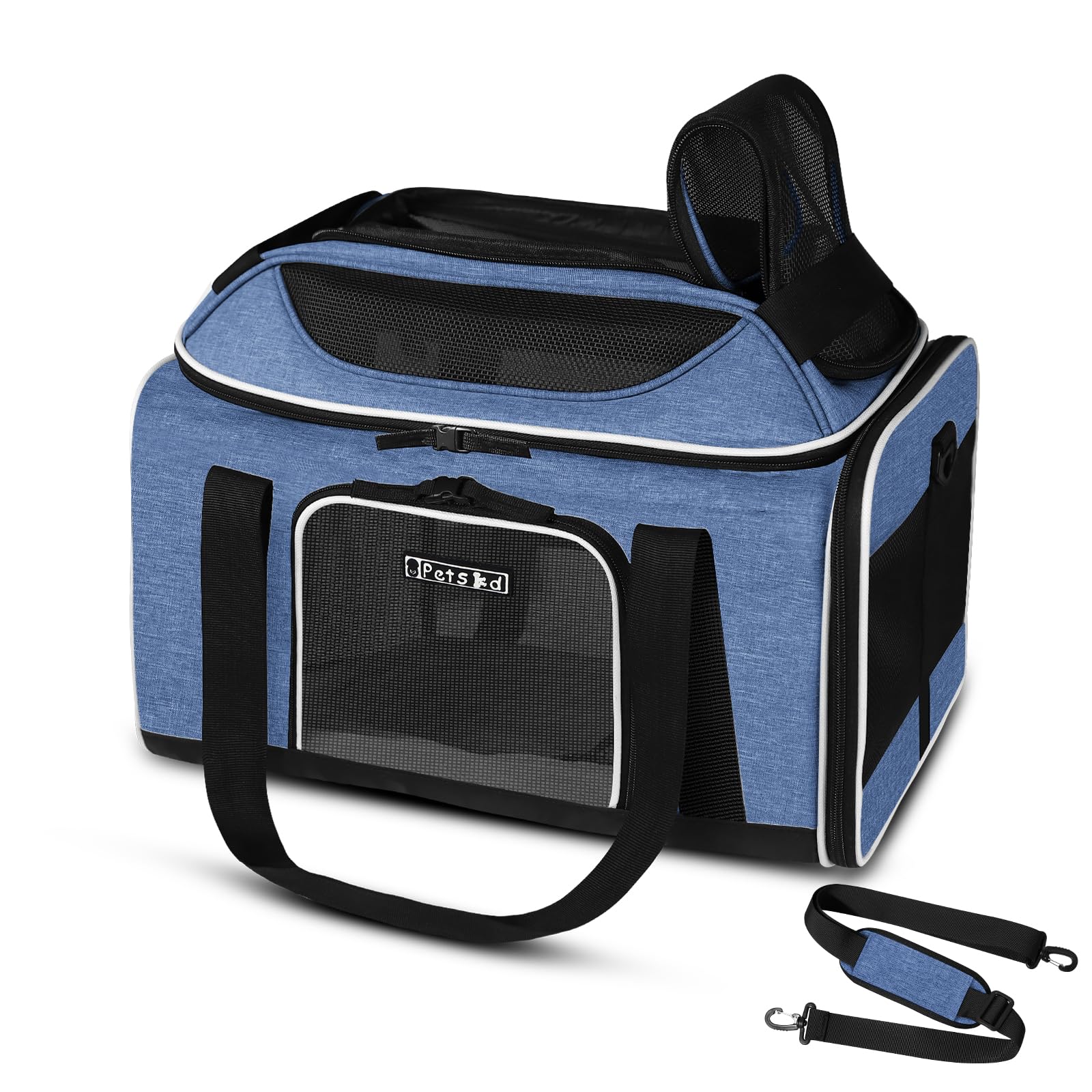 Petskd transportín expandible azul, cómodo para viajar con tu mascota.