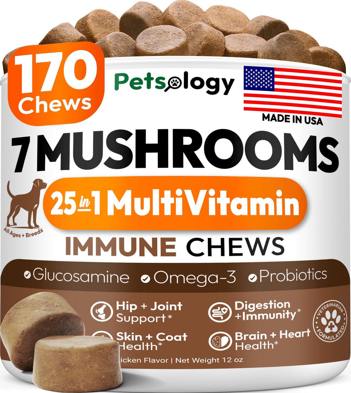 Petsology Cola de Pavo para perros, chicles en bote, apoyo inmunológico potencial