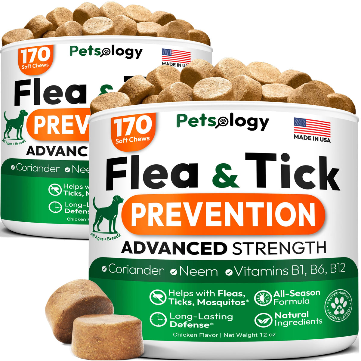 Petsology dos-pack pastillas masticables para perros, protección contra pulgas y garrapatas.
