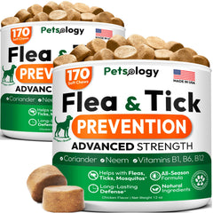 Petsology dos-pack pastillas masticables para perros, protección contra pulgas y garrapatas.