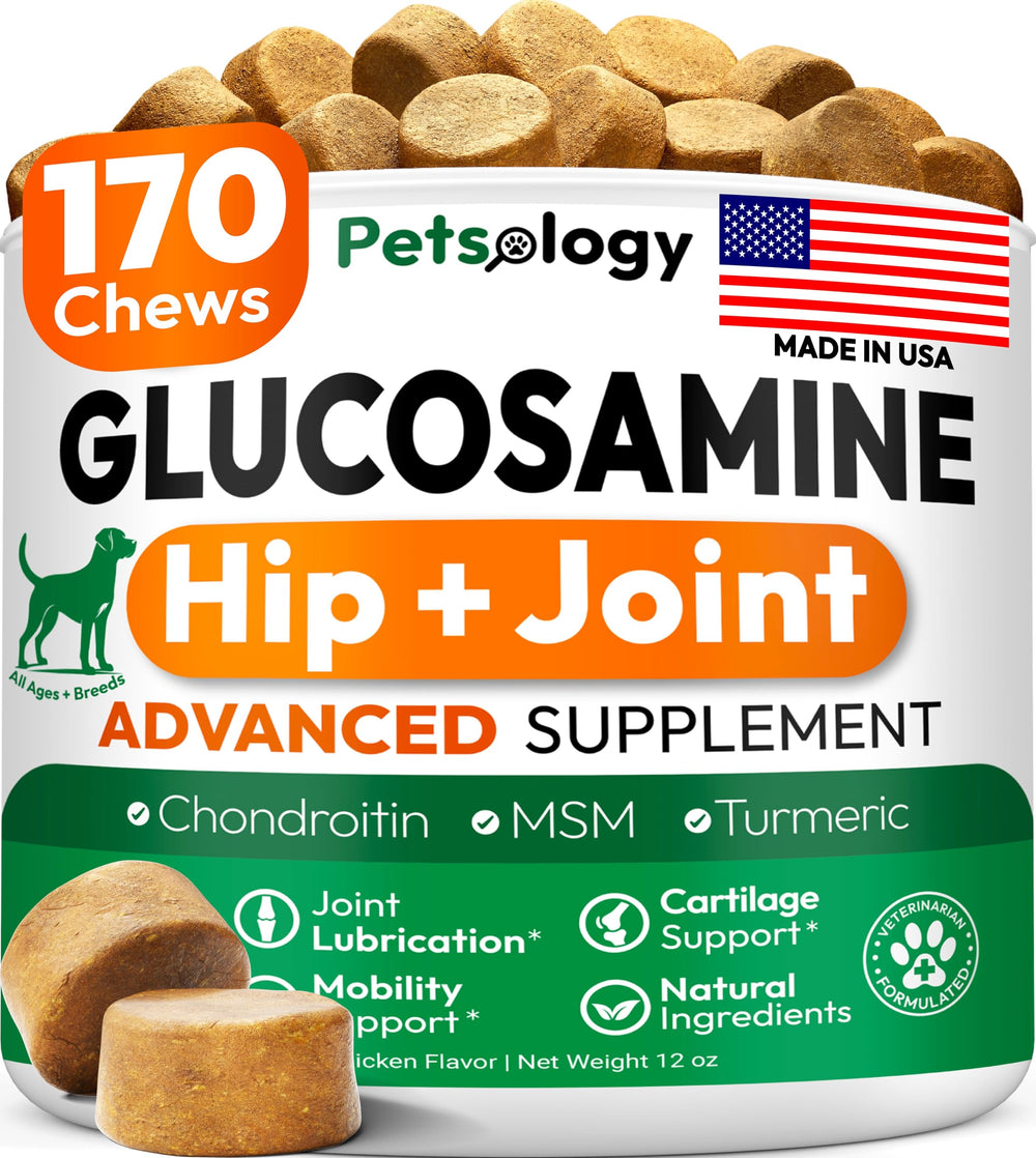 Petsology Glucosamina para perros: botella de suplemento para articulaciones.